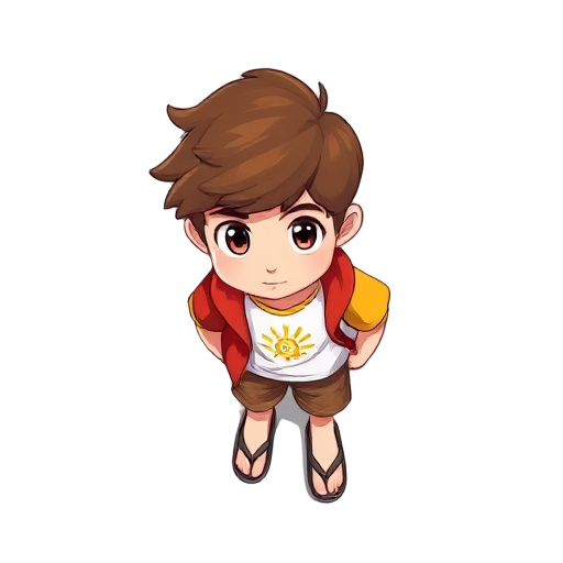 a mini version of a teenager he has brown hair he's wearing a white shirt with it has a short yellow sleeve and a sun symbol on the shirt. epe is wearing a red jacket elemusa a brown shorts he wears flip-flops 
