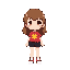 a chibi version of a girl. she has brown hair, wears a red shirt with a sun symbol, black shorts, and pink sneakers. 
