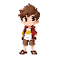 a chib version of a teenager he has brown hair he's wearing a white shirt with it has a short yellow sleeve and a sun symbol on the shirt. epe is wearing a red jacket elemusa a brown shorts he wears flip-flops
