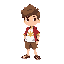 a chib version of a teenager he has brown hair he's wearing a white shirt with it has a short yellow sleeve and a sun symbol on the shirt. epe is wearing a red jacket elemusa a brown shorts he wears flip-flops