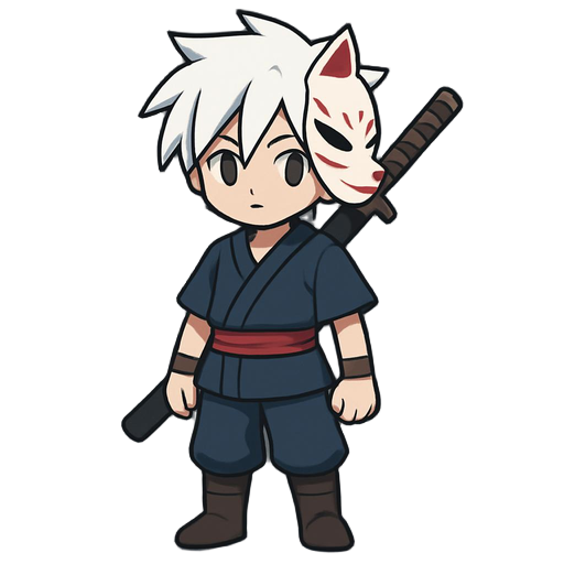 anime kid with white hair, swordsmans cut, a katana on back, and kitsune mask