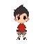 a a chibi version of a boy. ele tava de costas ele tem o cabelo marrom uma camisa vermelha com mangas curtas marrom um short marrom e chinelos