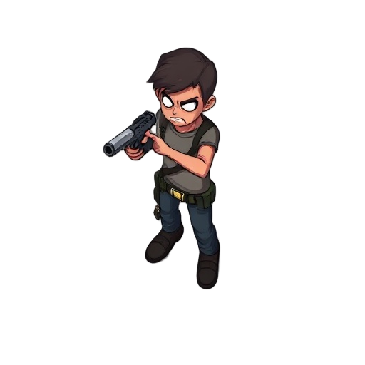 a character for a 2d top-down survival horror game, seen from a perpendicular top-down angle. showing the head and shoulders; if the character is walking, the legs may be shown. the chest, face, and back should not be visible. aiming a weapon.