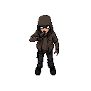 a character for a 2d top-down survival horror game. camera from a top-down view. showing the head and shoulders; if the character is walking, the legs may be shown. the chest, face, and back should not be visible. aiming a weapon.