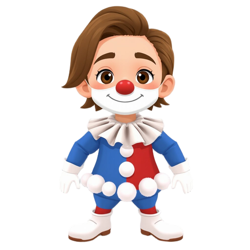 a young man with medium-length brown hair, wearing a white mask with a clown nose and a small smile on the mask, with flushed cheeks, wearing a clown costume that is half blue and half red with white pompadours on the belly, a large white ruffled collar, 