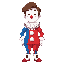 a young man with medium-length brown hair, white mask(covering the entire face) with a clown nose and a small smile on the mask, with flushed cheeks, wearing a clown costume that is half blue and half red with white pompadours on the belly, a large white 