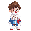 a young man with medium-length brown hair, white mask(all face) with a clown nose and a small smile on the mask, with flushed cheeks, wearing a clown costume that is half blue and half red with white pompadours on the belly, a large white ruffled collar,w