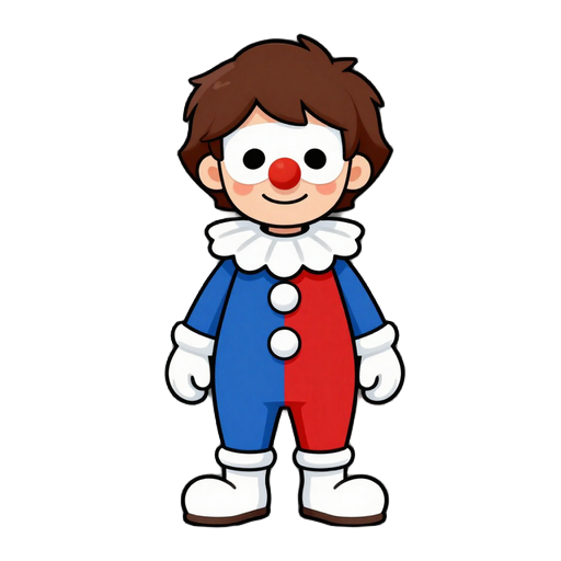 a young man with medium-length brown hair, wearing a white mask with a clown nose and a small smile on the mask, with flushed cheeks, wearing a clown costume that is half blue and half red with white pompadours on the belly, a large white ruffled collar, 