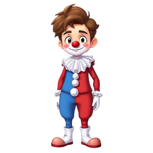 a young man with medium-length brown hair, wearing a white mask with a clown nose and a small smile on the mask, with flushed cheeks, wearing a clown costume that is half blue and half red with white pompadours on the belly, a large white ruffled collar, 