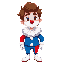 a young man with medium-length brown hair, wearing a white mask with a clown nose and a small smile on the mask, with flushed cheeks, wearing a clown costume that is half blue and half red with white pompadours on the belly, a large white ruffled collar,w