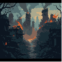 create a melancholic image, an abandoned city, covered by nature, with some parts on fire