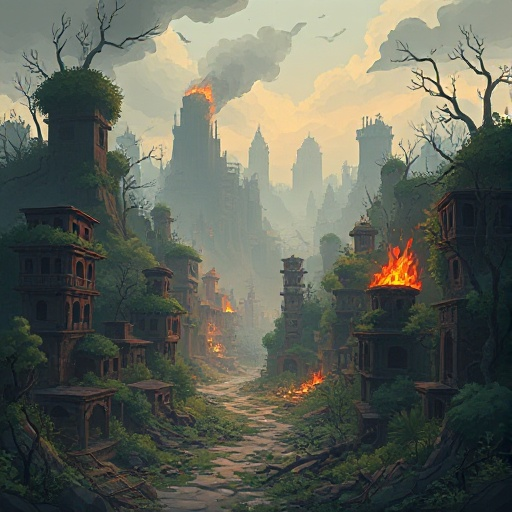 create a melancholic image, an abandoned city, covered by nature, with some parts on fire