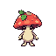  i need to generate a 2d sprite for a slime that disguises itself as a mushroom for an rpg game. it should have a fly agaric style, be pixelated, and feature leaves on top of its head. it should have eyes and arms.