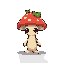  i need to generate a 2d sprite for a slime that disguises itself as a mushroom for an rpg game. it should have a fly agaric style, be pixelated, and feature leaves on top of its head. it should have eyes and arms.