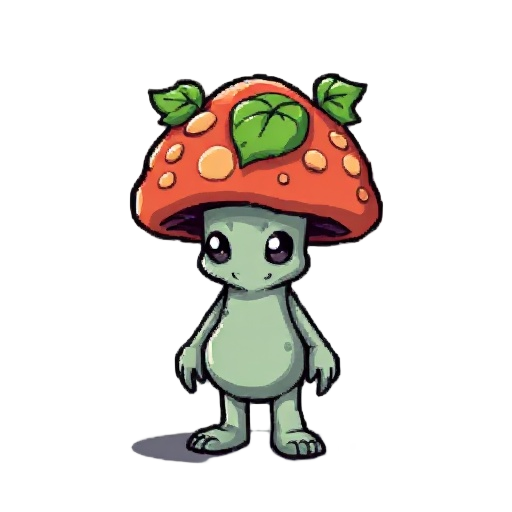  i need to generate a 2d sprite for a slime that disguises itself as a mushroom for an rpg game. it should have a fly agaric style, be pixelated, and feature leaves on top of its head. it should have eyes and arms.
