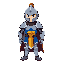 the knight, the main character, has armor, the blue colors of his kingdom are present, and he also has a helmet