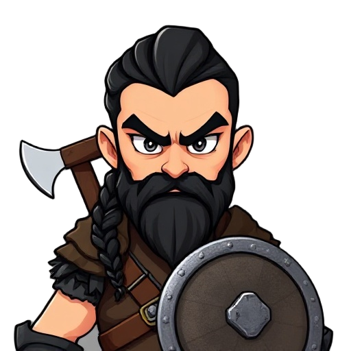 a young viking warrior. black hair, kept short with a a single braid down the back. black beard with leather armor. shield and axe strapped to his back. angry face
