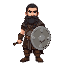 a viking warrior with black hair and beard. single braided. carrying a shield and axe and in leather armor.