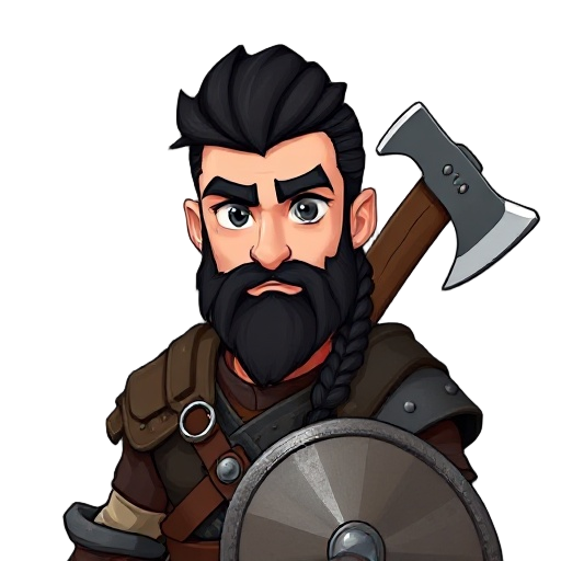 a young viking warrior. black hair, kept short with a a single braid down the back. black beard with leather armor. shield and axe strapped to his back.