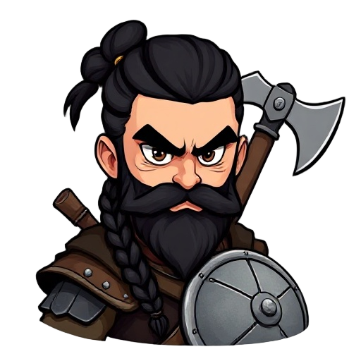 a young viking warrior. black hair, kept short with a a single braid down the back. black beard with leather armor. shield and axe strapped to his back. angry face
