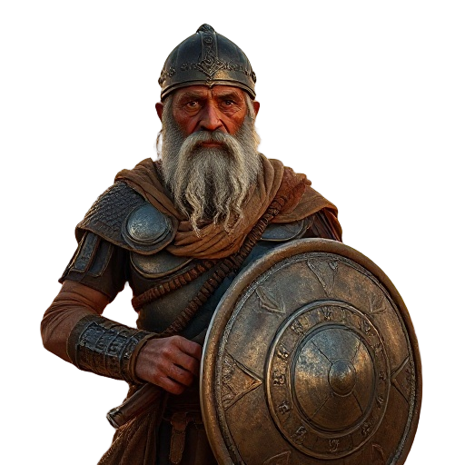 **short prompt**    elder arabian warrior at desert sunset, weathered face, greying braided beard, dented iron helmet with cloth wrap, steel pauldrons, lamellar breastplate, gripping a round leather shield and a damascus‑steel saif — hyper‑realistic, deta