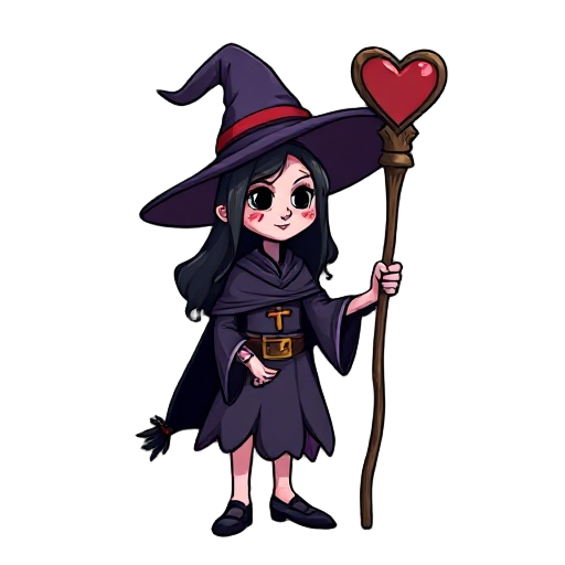 a witch with red marks on the face and a staff with a heart on the top