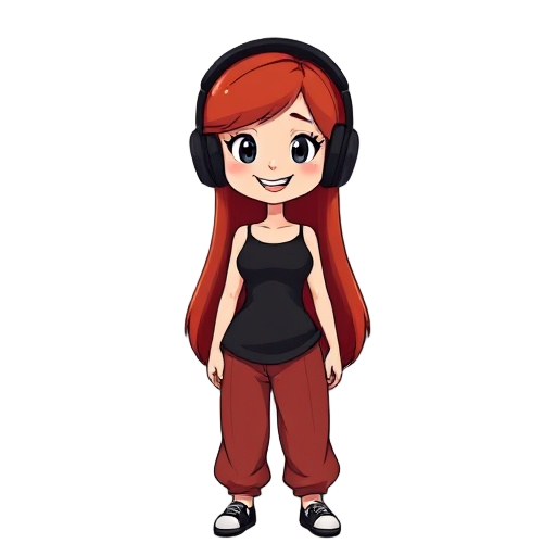 a cheerful cartoon-style female character with long, flowing red hair and oversized black headphones that fully cover the ears. she is dressed in a sleek black sleeveless top and loose-fitting reddish-brown pants.  her expression is joyful and energetic, 