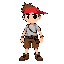 pirate kid with withe tshirt y brown shorts and brown shoes spiki brown hair y red bandana, style snes like chrono trigger