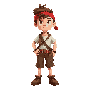 pirate kid with withe tshirt y brown shorts and brown shoes spiki brown hair y red bandana