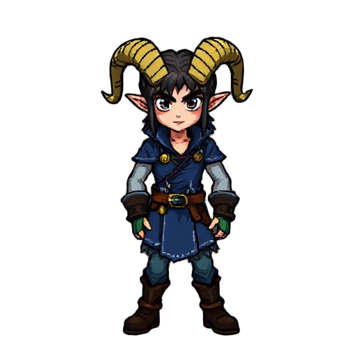 protagonist for castlevania: symphony of the night side-scrolling game, 47 pixels tall, with pyrenean goat horns and blue rogue's clothing.