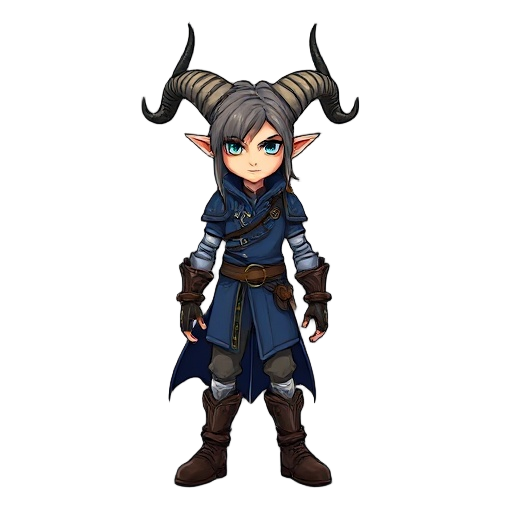 protagonist for castlevania: symphony of the night with capra pyrenaica horns, blue rogue's clothing.