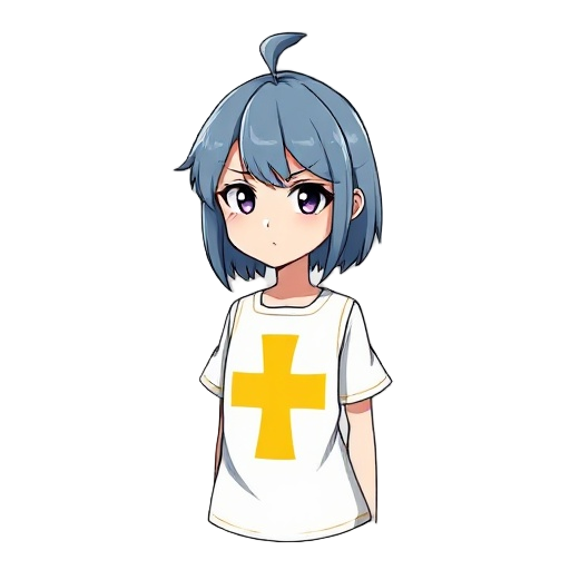 anime character design of a young woman with shoulder-length dusty blue hair and a prominent ahoge (hair cowlick) on top. she has distinctive short thick eyebrows, half-lidded sanpaku eyes, and a bored, deadpan expression. she is wearing a white tabard tu