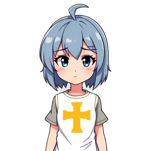 anime character design of a young woman with shoulder-length dusty blue hair and a prominent ahoge (hair cowlick) on top. she has distinctive short thick eyebrows, half-lidded sanpaku eyes, and a bored, deadpan expression. she is wearing a white tabard tu