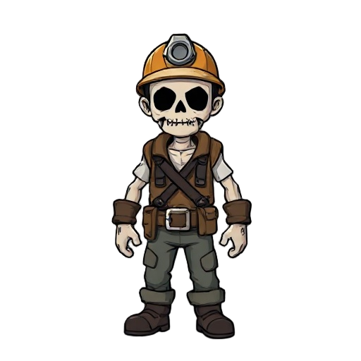 um minerador  , suas vestes sao ruins rasgadas de minerador  , ele nao usa capuz ele e um minerador seu corpo e meio morto vivo , animacao em 5 frames idle 