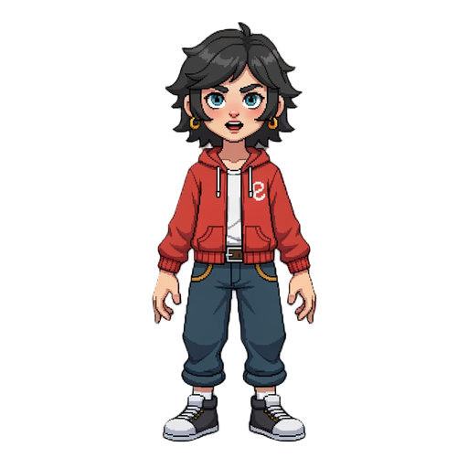 create a character inspired by everskies style match the hair style, color, outfits and accessories from the reference image , but give the character a more expressive and vivid facial expression. the character should be shown jn full body with carefully 
