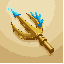 a solid, opaque 3d ui mouse cursor icon. shaped like a stylized golden trident head tipped with glowing blue coral, pointing sharply top-left. polished metal texture, definitive edges, completely non-transparent solid object against a flat sand-colored ba
