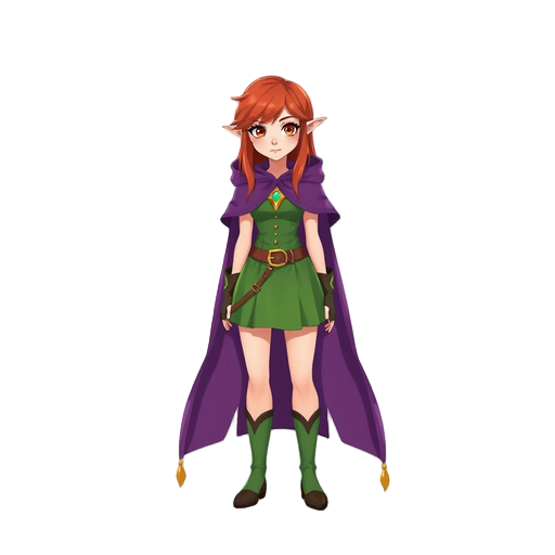 red haired elf woman, green dress, purple cape.