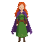 red haired elf woman, green dress, purple cape.