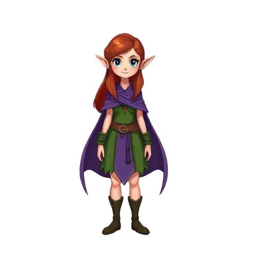 red haired elf woman, green dress, purple cape.