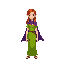 red haired elf woman, green dress, purple cape.
