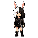 anthropomorphic bunny girl, medium-length hair split vertically into two halves—one white and the other dark brown—with slightly messy bangs; long rabbit ears, expressive eyes, confident and serious expression; black jacket, dark t-shirt, shorts, black boots, and subtle metallic accessories.
