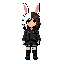 anthropomorphic bunny girl, medium-length hair split vertically into two halves—one white and the other dark brown—with slightly messy bangs; long rabbit ears, expressive eyes, confident and serious expression; black jacket, dark t-shirt, shorts, black boots, and subtle metallic accessories.