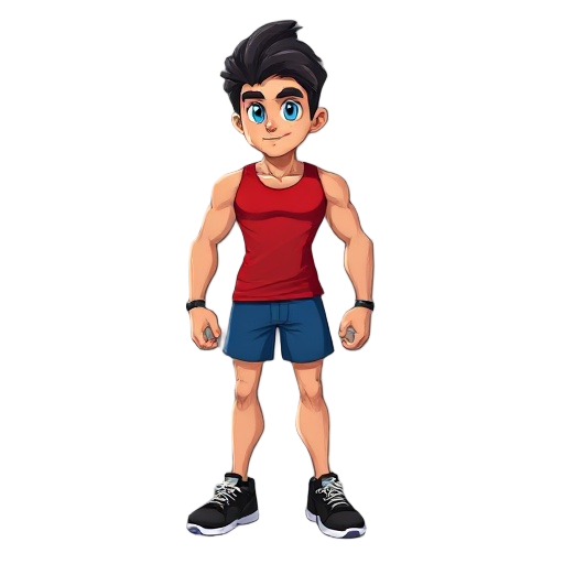 gym guy, big black hair, blue eyes, red tank-top, blue shorts, black and white training shoes.