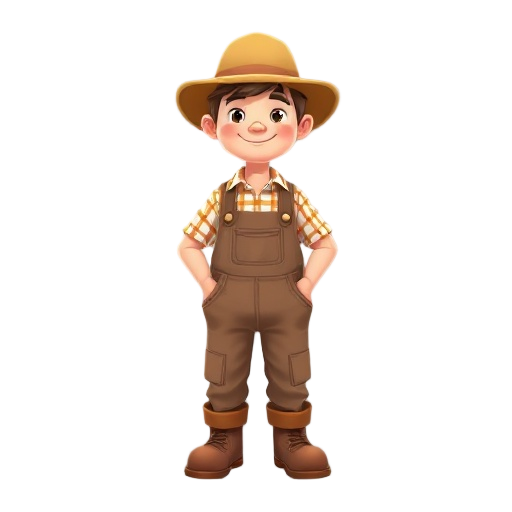 2d character design of a friendly farmer, cozy farming game style, original art style, soft pastel color palette, slightly rounded proportions, simple yet expressive face, distinct clothing design (custom overalls, unique shirt pattern, boots with persona