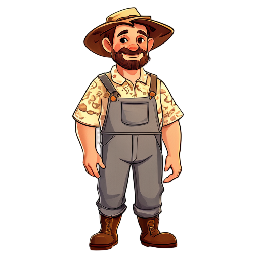 2d character design of a friendly farmer, cozy farming game style, original art style, soft pastel color palette, slightly rounded proportions, simple yet expressive face, distinct clothing design (custom overalls, unique shirt pattern, boots with persona