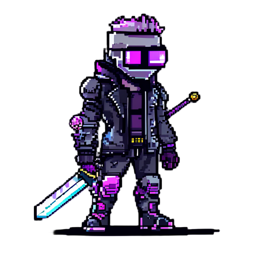 cyberpunk boss character pixel game with a sword 