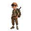 5-year-old male teenager, pardo (warm medium-brown) skin tone, dusty and tired appearance. wears a worn brown cap, simple t-shirt and cargo pants in earthy tones, old gray sneakers, and a large, patched green backpack. carries a y-shaped wooden slingshot 