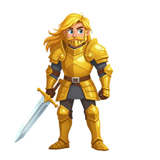 a knight in golden armor and golden hair with sword