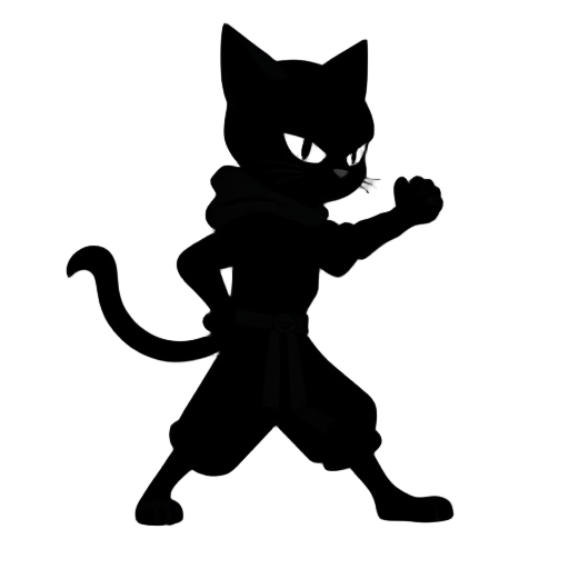 2d game character sprite, cat ninja silhouette in standing pose, completely black solid shape with no internal details, side view facing right, standing on two legs, pointy cat ears visible on head outline, tail curve visible in silhouette, martial arts r