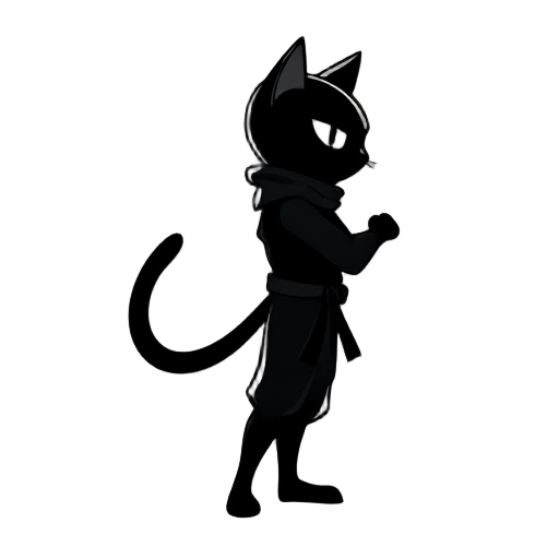 2d game character sprite, cat ninja silhouette in standing pose, completely black solid shape with no internal details, side view facing right, standing on two legs, pointy cat ears visible on head outline, tail curve visible in silhouette, martial arts r